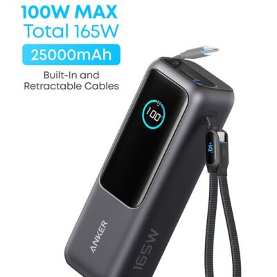 Anker 25000 mAh Power Bank, 25,000mAh 165W Ultra-Fast Portable Charger for Dual Laptops, Fast Charging Battery Pack with Built-In and Retractable Cables, For iPhone 16/15 Series, Samsung, and More Black