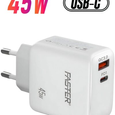 Faster 45W QC 3.0 Dual Port Fast Charger - Compact Wall Adapter for iPhone and Android, Laptop, Macbook - 45 Watt PD Charger Block for Mobile Phone, Portable and Fast Charging with 1 USB-C and 1 USB-A Ports
