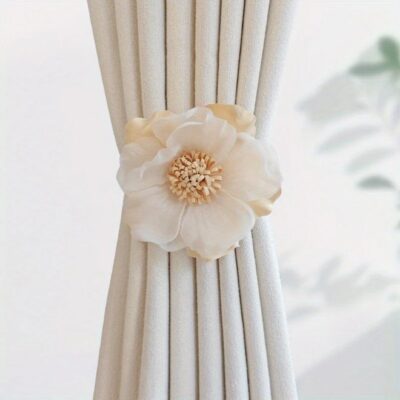 Goolsky 1pc Magnetic Curtain Tieback with Elegant 3D Floral Design - Cream Fabric Flower Holdbacks for Bedroom, Living Room, Kitchen Home Decor, Curtains for Living Room