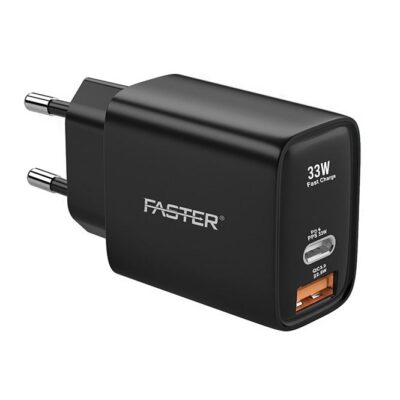 Faster 33W QC 3.0 Dual Port Fast Charger - Compact Wall Adapter for iPhone and Android, Laptop, Macbook - 33 Watt PD Charger Block for Mobile Phone, Portable and Fast Charging with 1 USB-C and 1 USB-A Ports