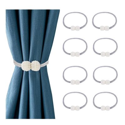 8-Piece Pearl Design Curtain Magnetic Tiebacks Magnetic Curtain Holder Fashion Home Drapes Window Curtain Tiebacks Strong Magnet Pearls Ball Strap Holdbacks Grey