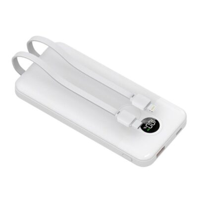 porodo 10000mAh Power Bank with Built-in Type-C & Lightning Cables, 22.5W Power Delivery, Simultaneous Charging, 0%-60% Charge in 35 Minutes, Digital Display - White