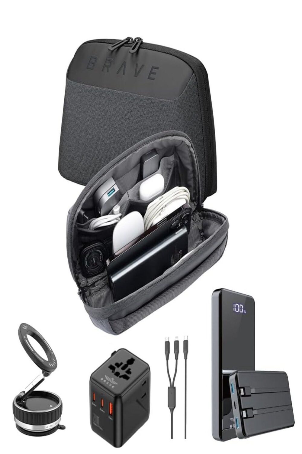 Brave 5-in-1 International Travel Charging Kit -- 12000mAh Power Bank, 20W GaN USB-C Fast Charger, Universal Travel Adapter, 2-in-1 USB-C & Lightning Cable, Magnetic Car Phone Holder -- Waterproof 2-Layer Bag -- For iPhone 16/15/14, Galaxy S25/S24 Ultra, Z Fold6/Flip6, Pixel 9/8 Pro, iPad Pro, MacBook Air, Steam Deck, DJI & More