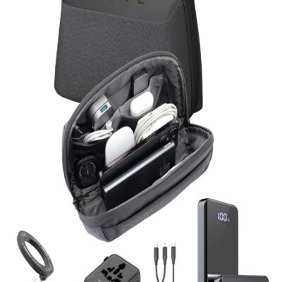 Brave 5-in-1 International Travel Charging Kit -- 12000mAh Power Bank, 20W GaN USB-C Fast Charger, Universal Travel Adapter, 2-in-1 USB-C & Lightning Cable, Magnetic Car Phone Holder -- Waterproof 2-Layer Bag -- For iPhone 16/15/14, Galaxy S25/S24 Ultra, Z Fold6/Flip6, Pixel 9/8 Pro, iPad Pro, MacBook Air, Steam Deck, DJI & More