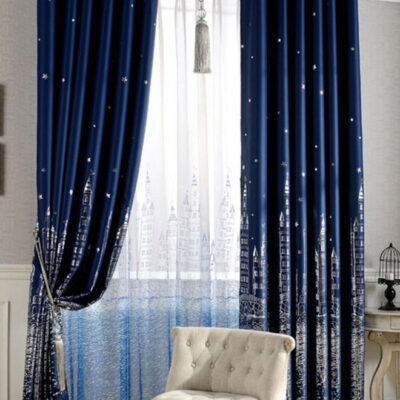 Castle Printed Blackout Curtain Navy Blue 100 x 250cm