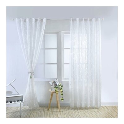 Leaf Printed Semi-shading Window Curtain White 79x40inch