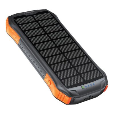 PROMATE 10000 mAh Solar Power Bank, Portable Battery Charger With Ip65 Water Resistant, 10W Qi Charger, 20W Usb-C Power Delivery, Qc 3.0 Port, 5V/2A Usb Port And 300Lm Led Light Solartank-10Pdqi Black