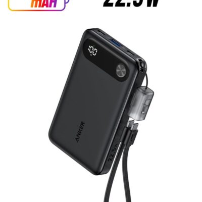 Anker 10000 mAh Powercore Power Bank 22.5W Portable Charger with USB C Cable Lanyard black