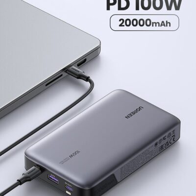 Ugreen 20000 mAh 100W Power Bank Fast Charging Portable Charger Laptop Charger Portable With 2 USB C And 1 USB A Port Battery Pack For Laptop MacBook Dell iPhone 16 15 Series Galaxy S24 S23 Ultra iPad AirPods - Grey