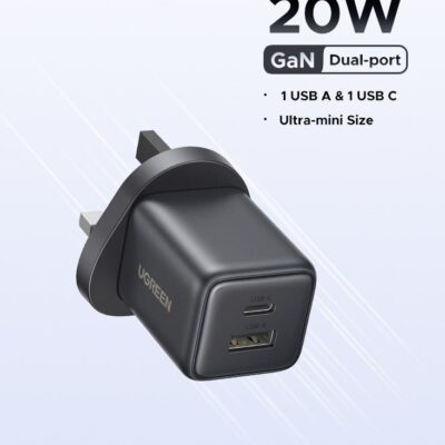 Ugreen 20W Charger USB Type C GaN Dual Ports 1C1A Fast Charging iPhone Charger Adapter Safe Charging And Portable Size Compatible With iPhone 16, 15 Series Tablet, Apple Watch, AirPods, DJI Pocket, Samsung - Black