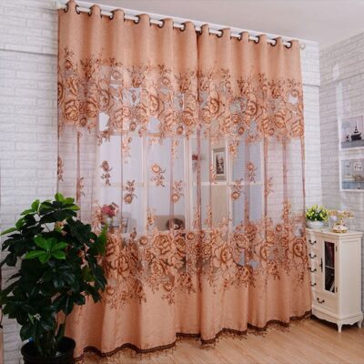 Voberry 2-Piece Hollow Peonies Washable Window Curtain With Eyelets Brown 250 x 100cm