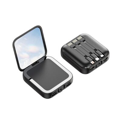 10,000mAh Portable Makeup Mirror Power Bank with Built-in Cable - Travel Size Mini Charger