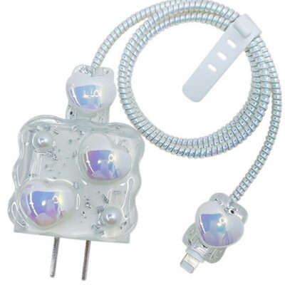 GROIC 5 Pcs 3D Pearl Heart Charger Case, Cable Protector for iPhone Charger, Data Line USB Case Wire Cable Saver Phone Charger Protector for Women Girls