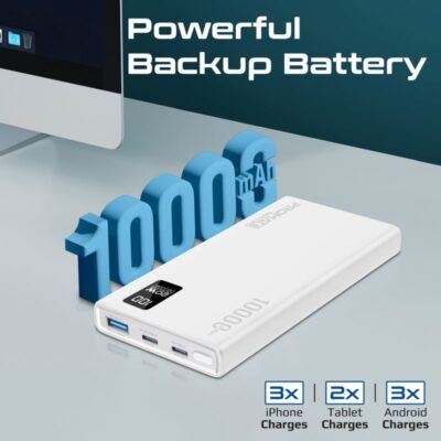 PROMATE 10000 mAh Power Bank Ultra-Slim with 20W USB-C Input/Output Port, QC 3.0 Output, USB-C Ports, LCD Screen, Bolt-10PD White
